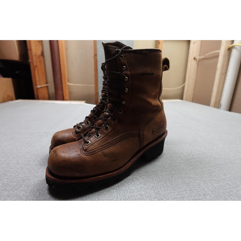 Chippewa Logger Work Boot Mens Size 10 Brown Leather Waterproof Vibram 8 Inch
